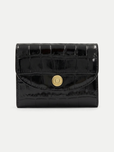 Veronica Beard Black crocodile-embossed leather wallet with gold button closure.