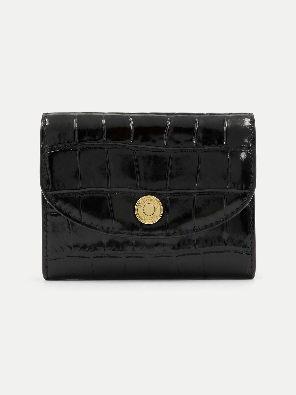 Veronica Beard Black crocodile-embossed leather wallet with gold button closure.