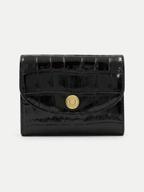 Veronica Beard Black crocodile-embossed leather wallet with gold button closure.