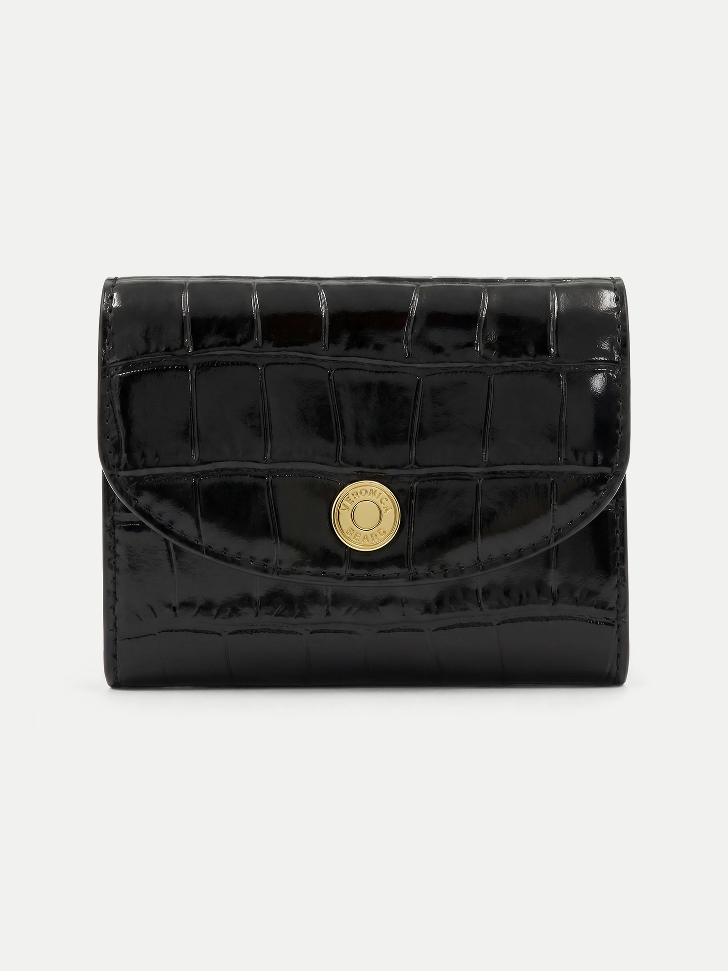 Veronica Beard Black crocodile-embossed leather wallet with gold button closure.