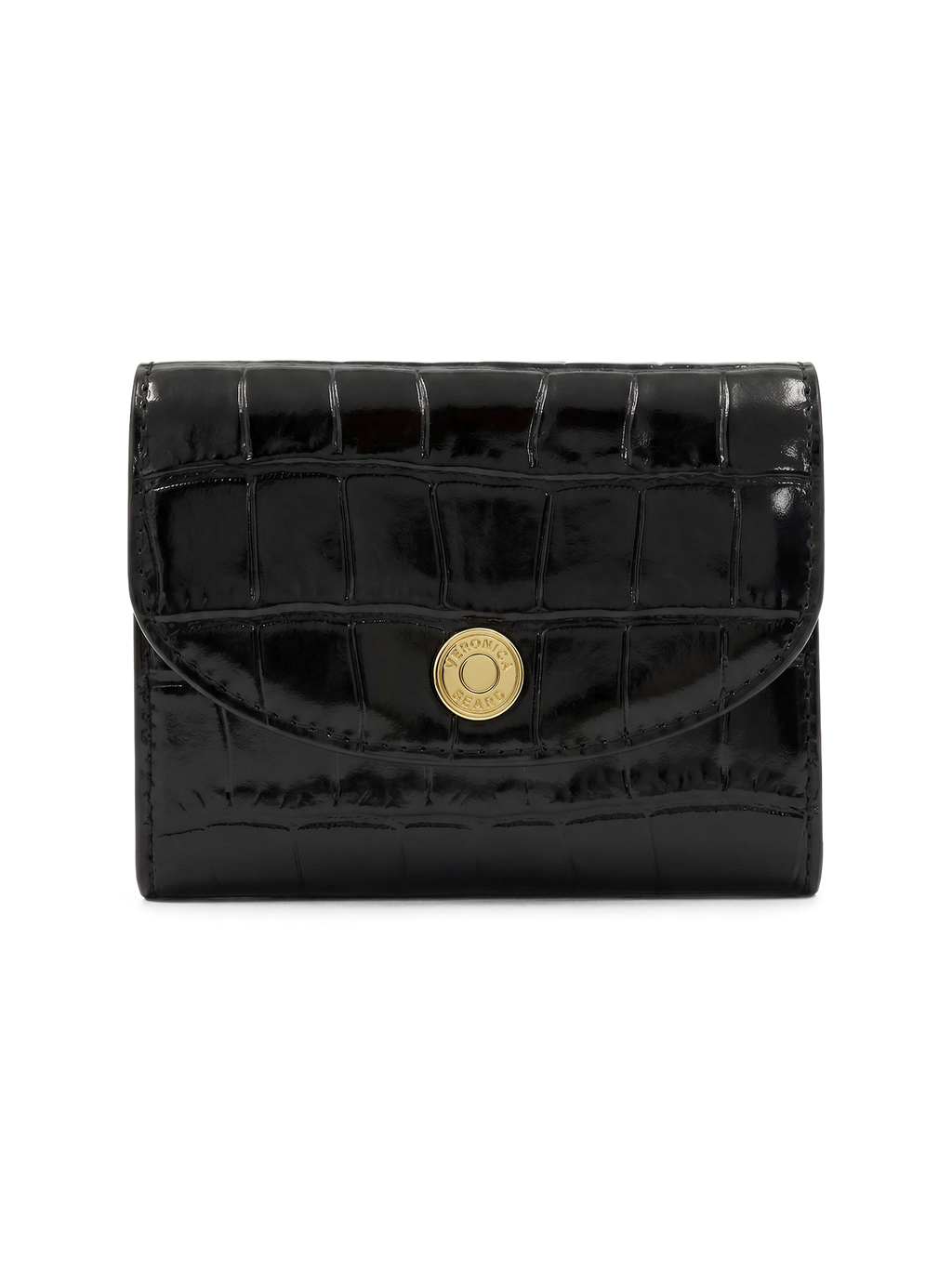 Veronica Beard Black crocodile-embossed leather wallet with gold button closure.