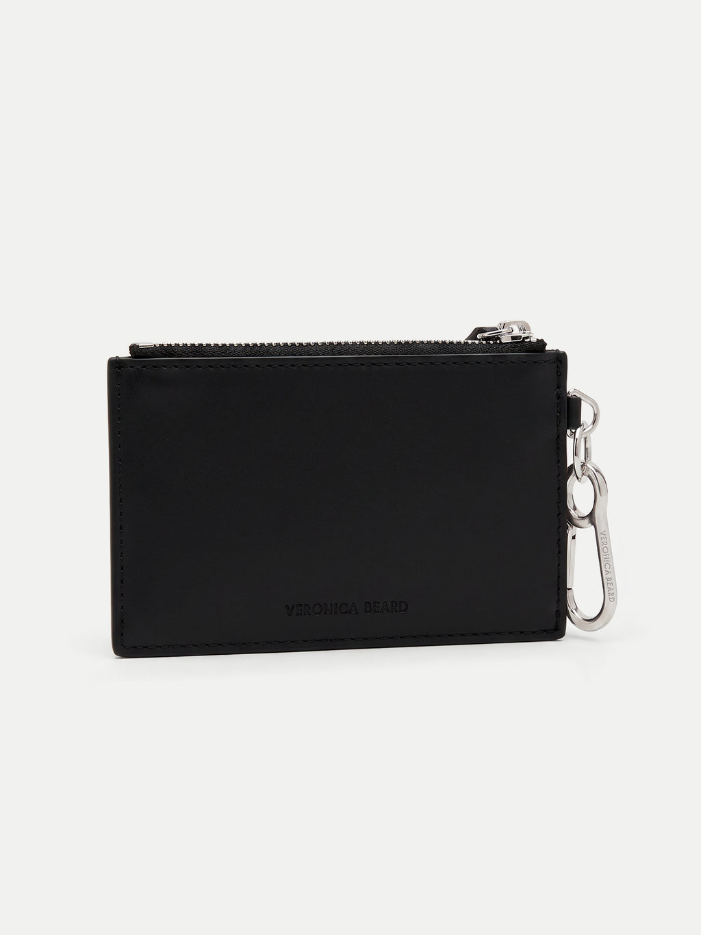 Veronica Beard Black leather card case with silver zipper and carabiner.