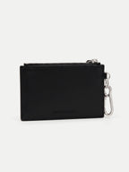 Veronica Beard Black leather card case with silver zipper and carabiner.
