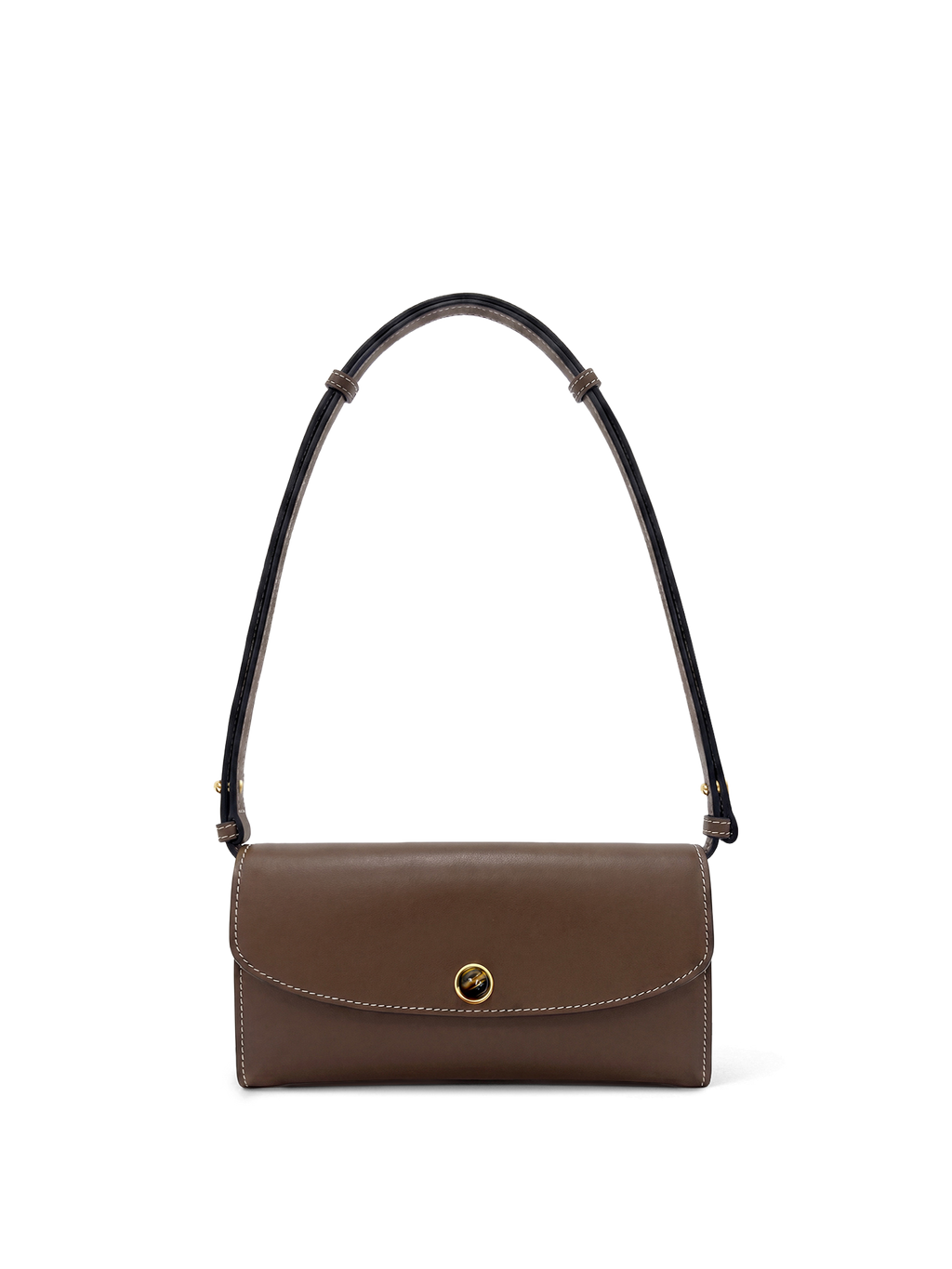 Veronica Beard Brown leather shoulder bag with white stitching and gold clasp.
