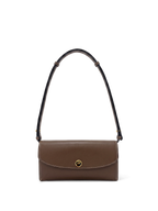 Veronica Beard Brown leather shoulder bag with white stitching and gold clasp.