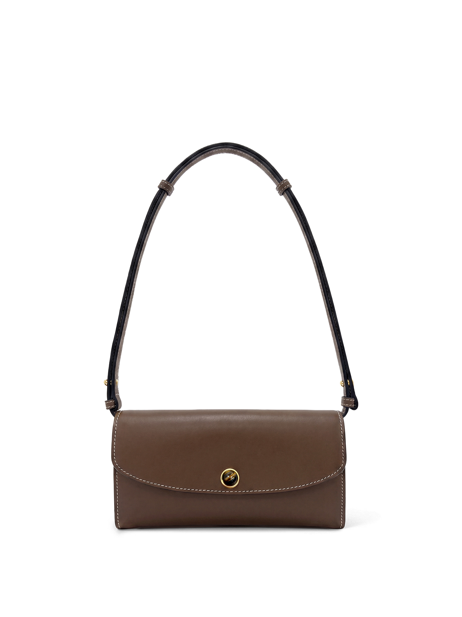 Veronica Beard Brown leather shoulder bag with white stitching and gold clasp.