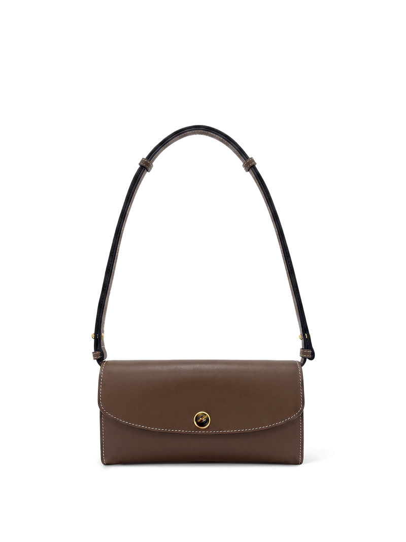 Veronica Beard Brown leather shoulder bag with white stitching and gold clasp.