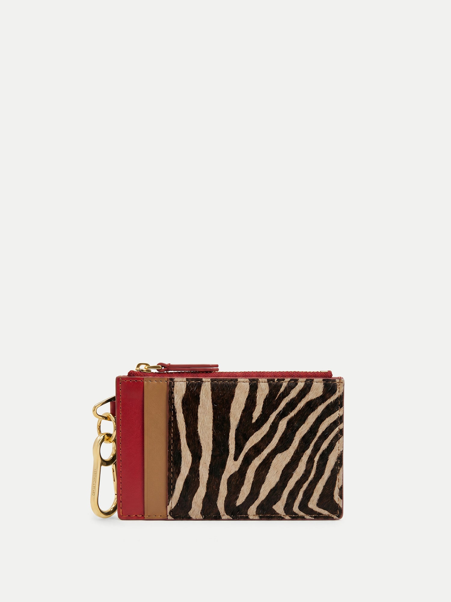 Veronica Beard Zebra print card holder with red and tan accents