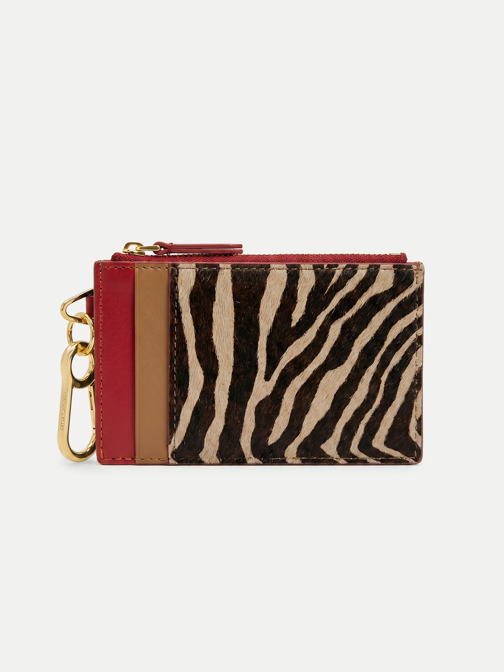 Veronica Beard Zebra print calf hair and red leather card holder