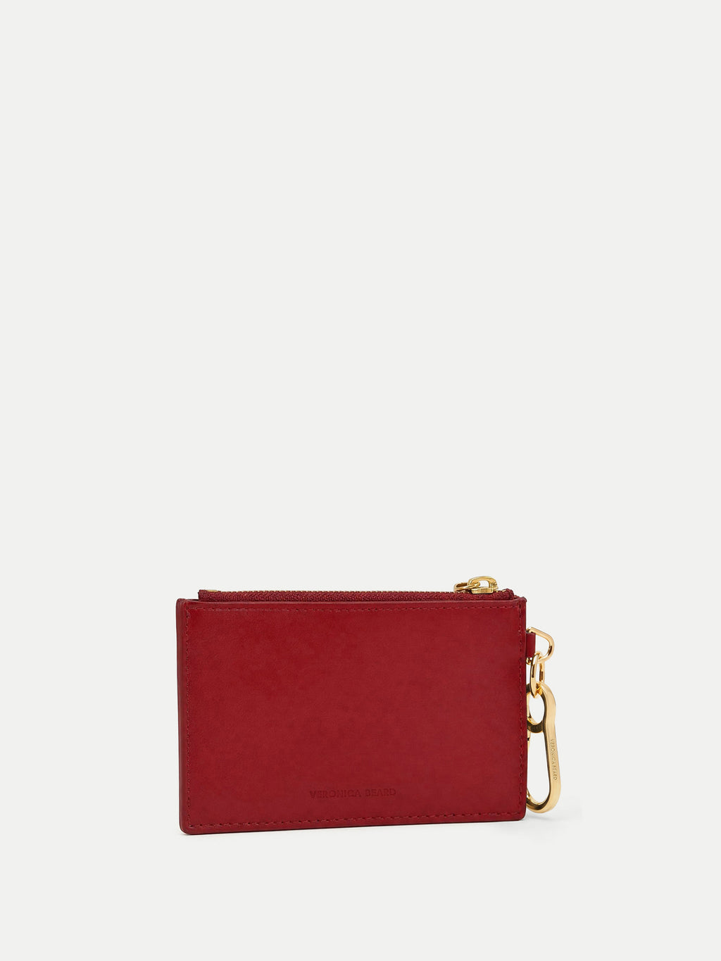 Veronica Beard Red leather card case with gold zipper and carabiner.