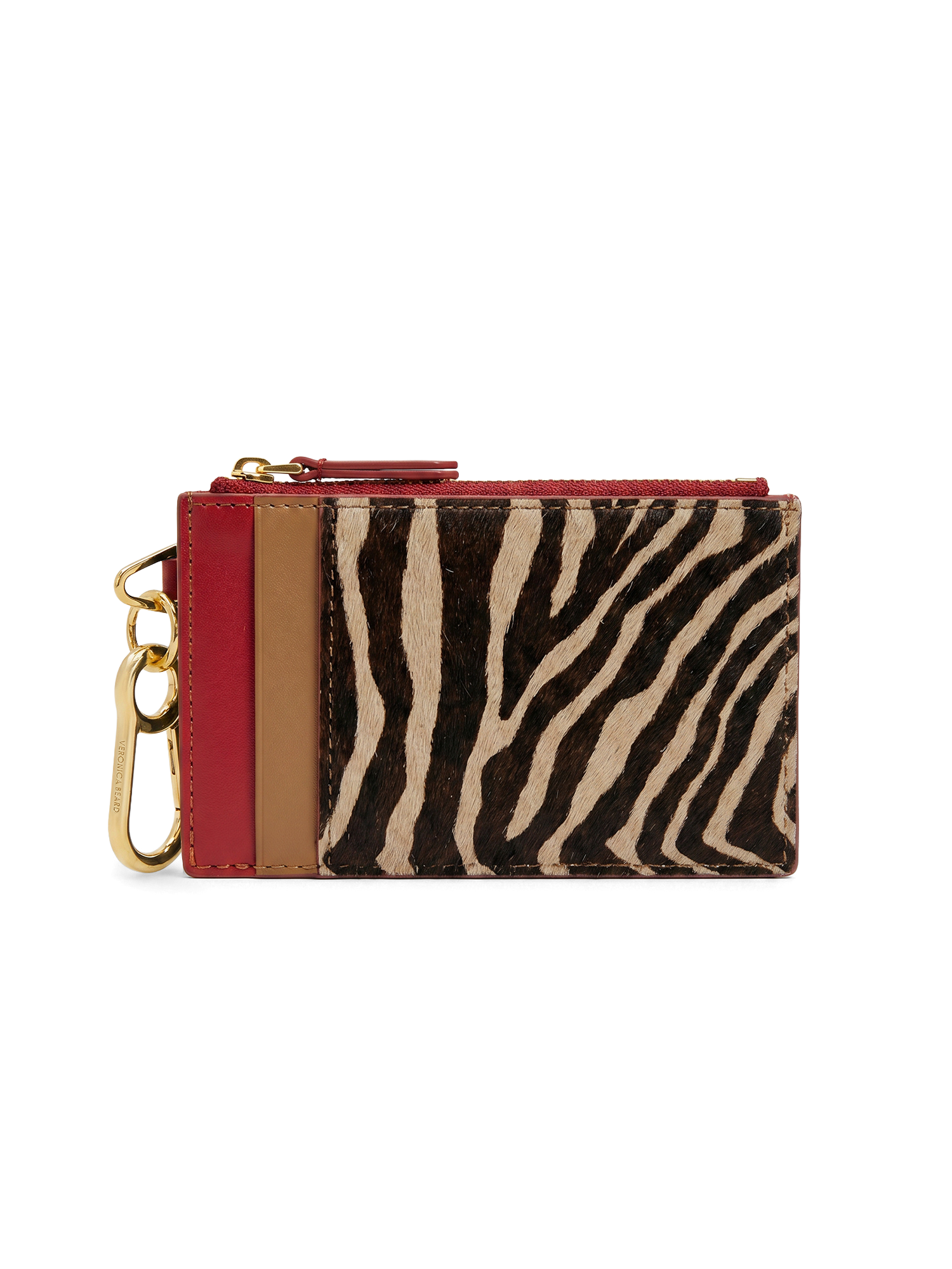 Veronica Beard Zebra print and red leather card holder with gold keyring.
