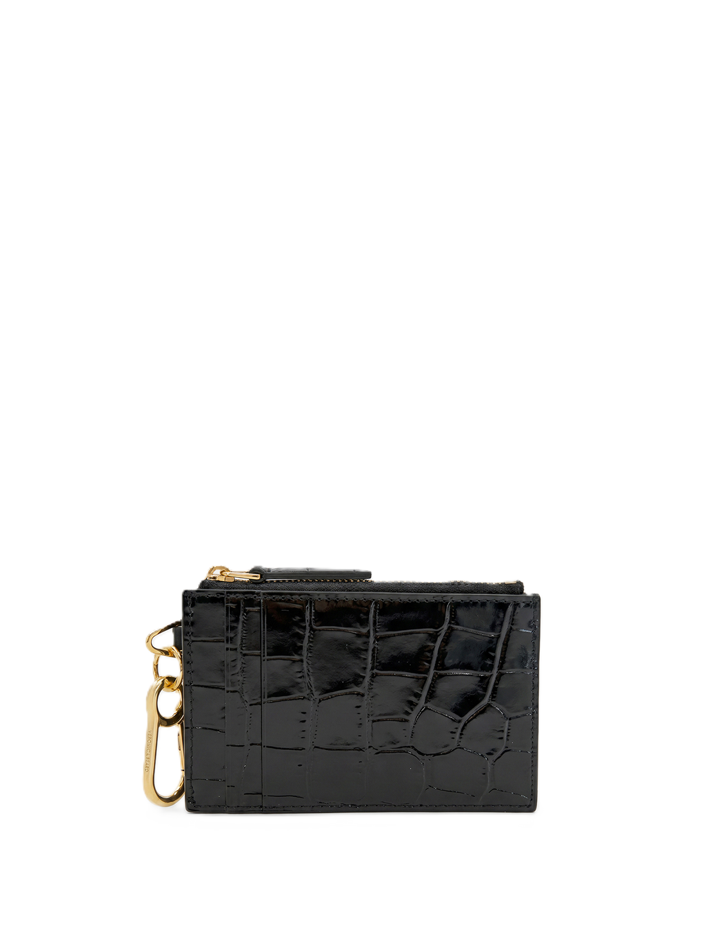Veronica Beard Black crocodile-embossed leather cardholder with gold hardware.