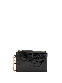 Veronica Beard Black crocodile-embossed leather cardholder with gold hardware.