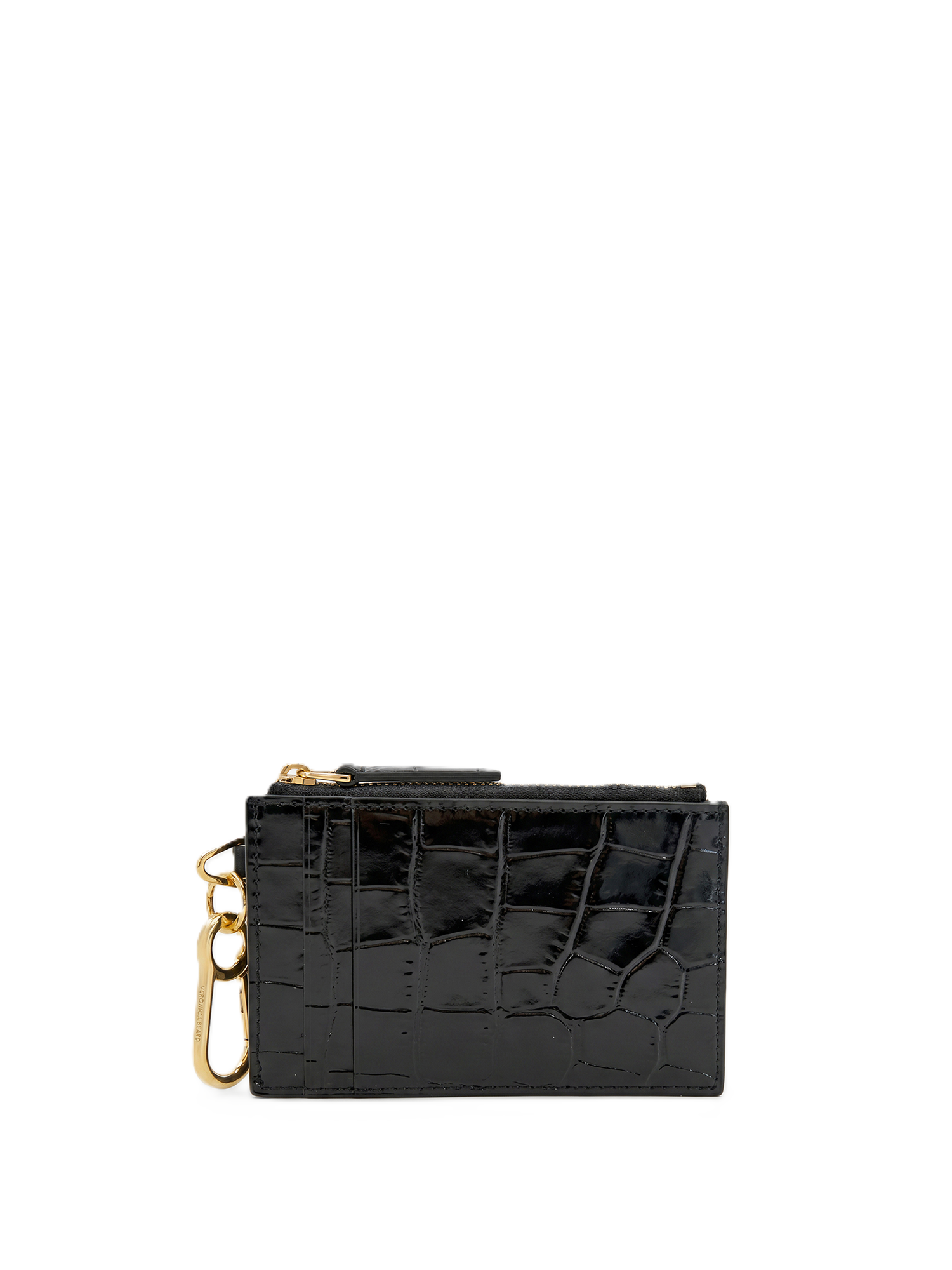 Veronica Beard Black crocodile-embossed leather cardholder with gold hardware.