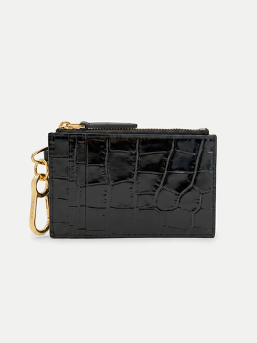 Veronica Beard Black crocodile-embossed leather cardholder with gold hardware.