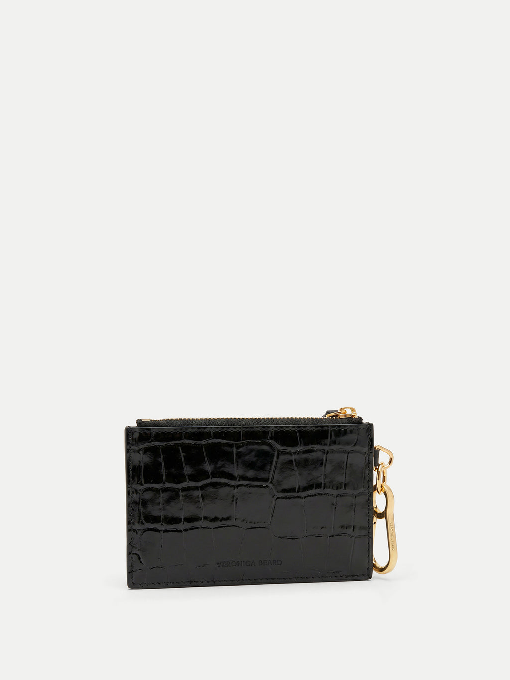 Veronica Beard Black crocodile-embossed leather card case with gold hardware.