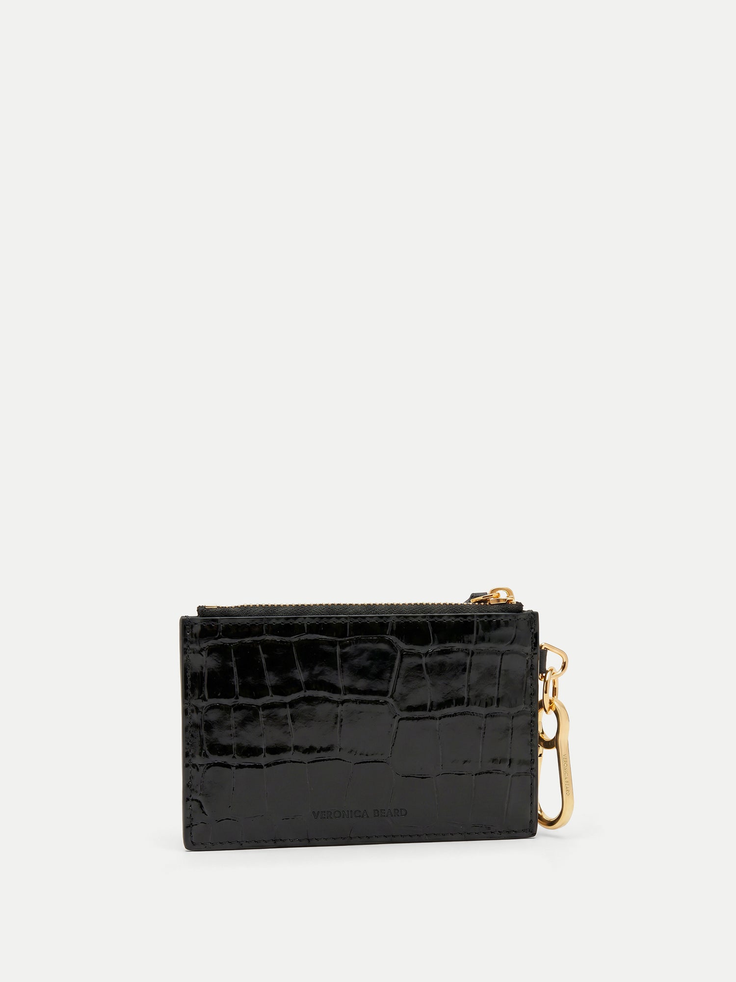 Veronica Beard Black crocodile-embossed leather card case with gold hardware.