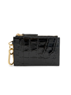 Veronica Beard Black crocodile-embossed leather card holder with gold hardware.
