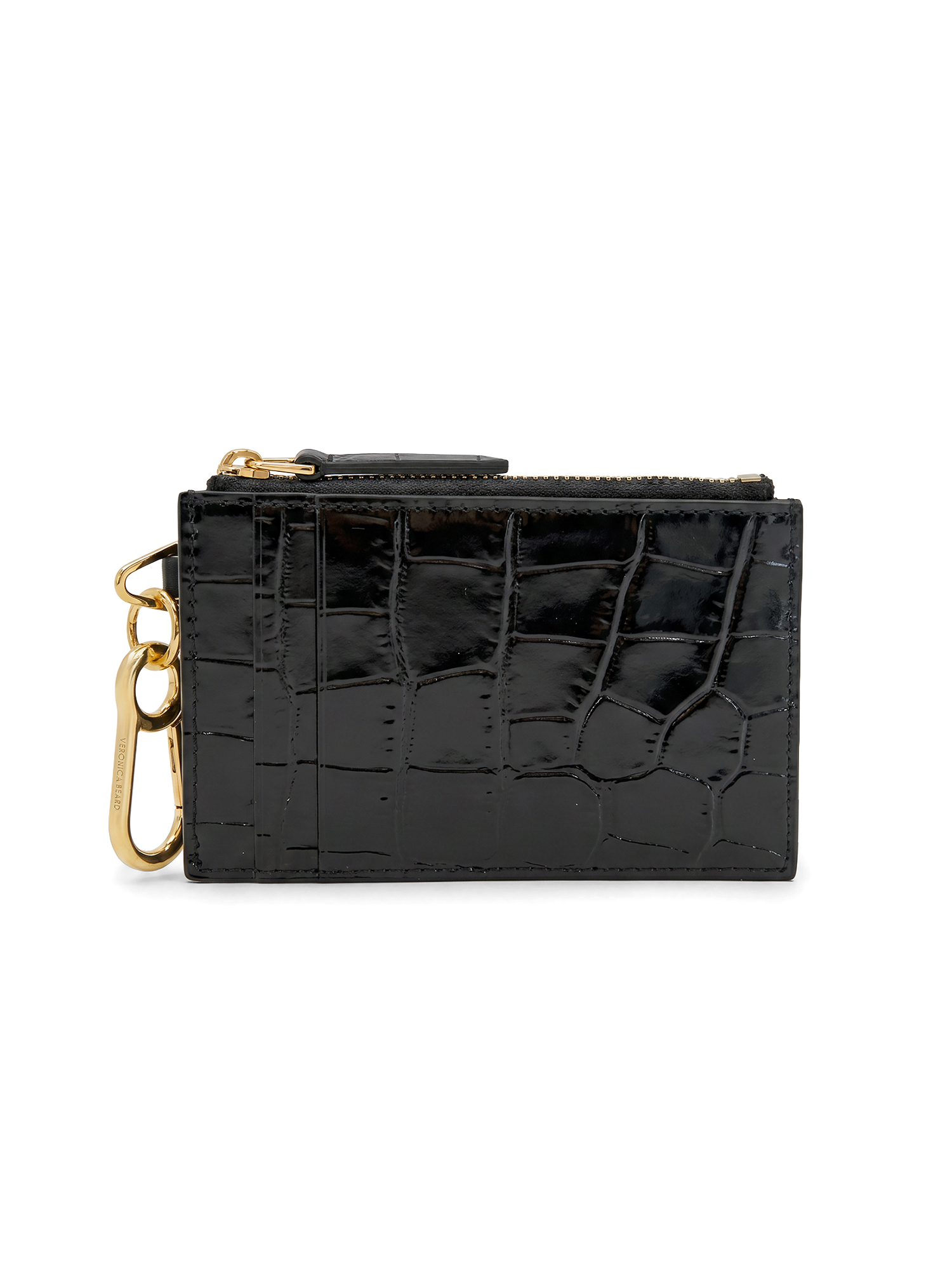 Veronica Beard Black crocodile-embossed leather card holder with gold hardware.
