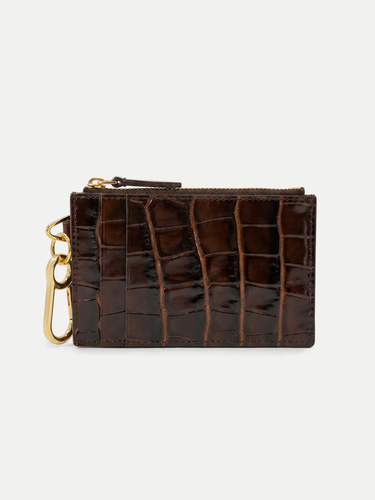 Veronica Beard Brown crocodile-embossed leather cardholder with gold hardware.