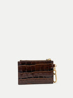 Veronica Beard Brown crocodile-embossed leather card case with gold hardware.