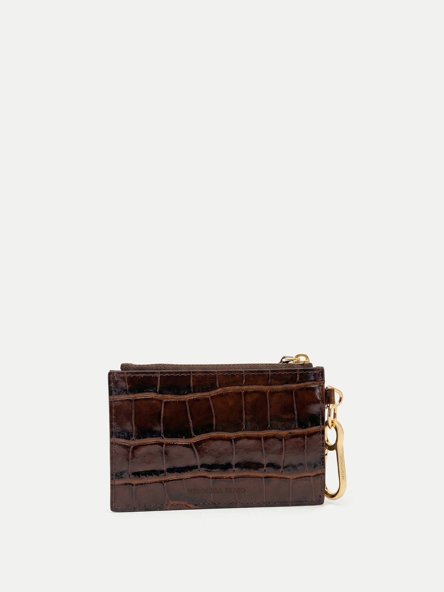 Veronica Beard Brown crocodile-embossed leather card case with gold hardware.