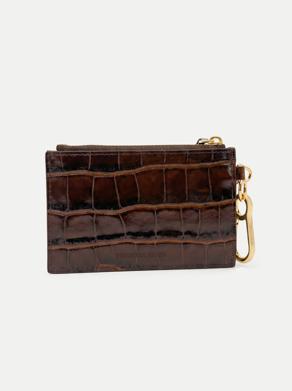 Veronica Beard Brown crocodile embossed leather card case with gold hardware.