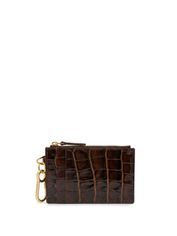 Veronica Beard Brown crocodile-embossed leather cardholder with gold hardware.