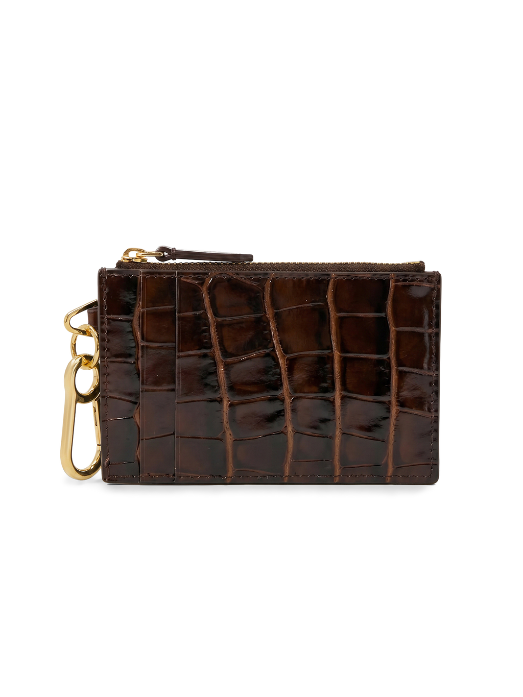 Veronica Beard Brown crocodile-embossed leather card case with gold hardware.