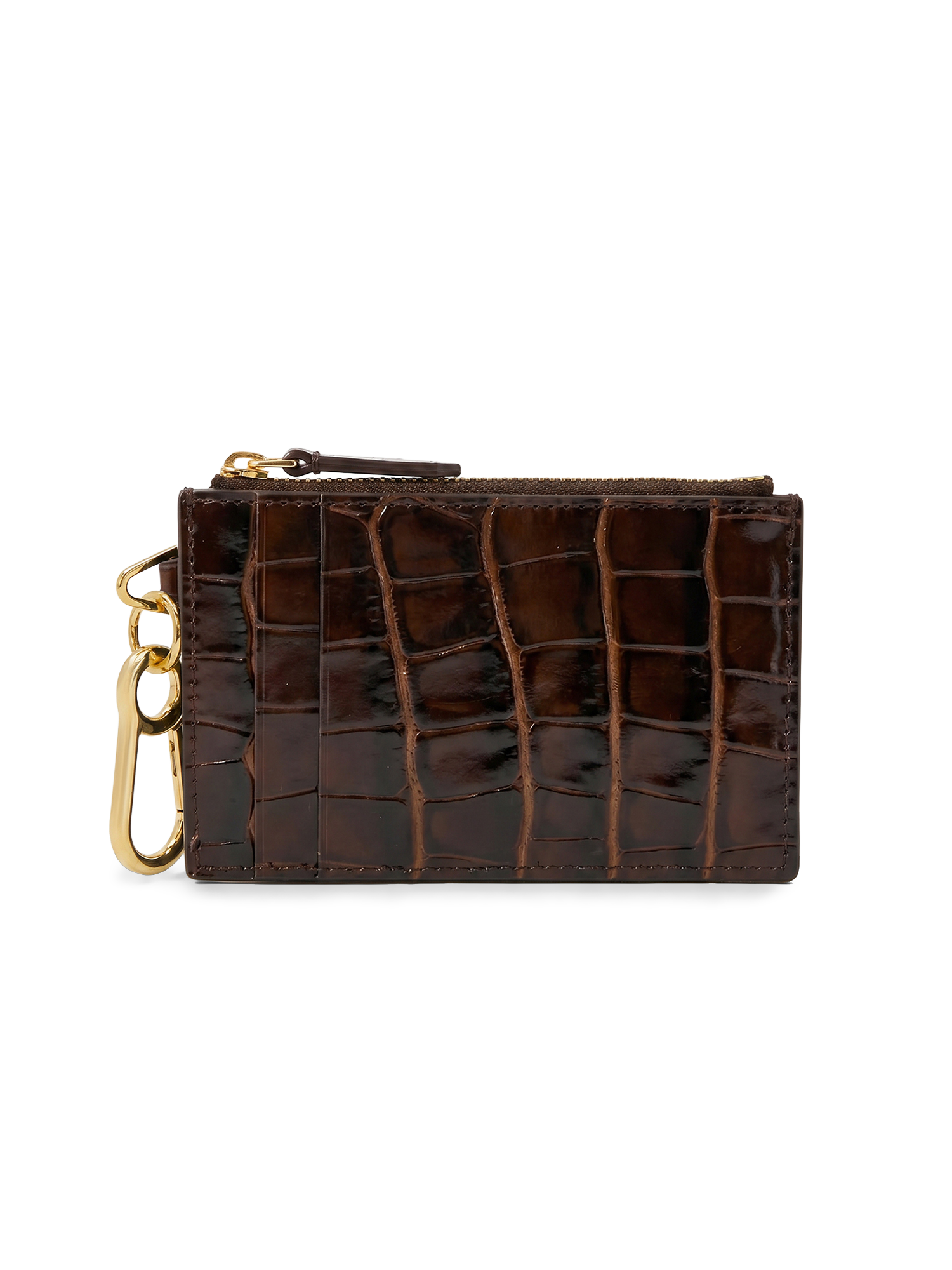 Veronica Beard Brown crocodile-embossed leather card case with gold hardware.