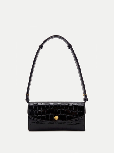 Veronica Beard Black crocodile embossed leather shoulder bag with gold clasp.