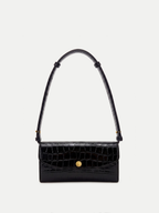Veronica Beard Black crocodile embossed leather shoulder bag with gold clasp.