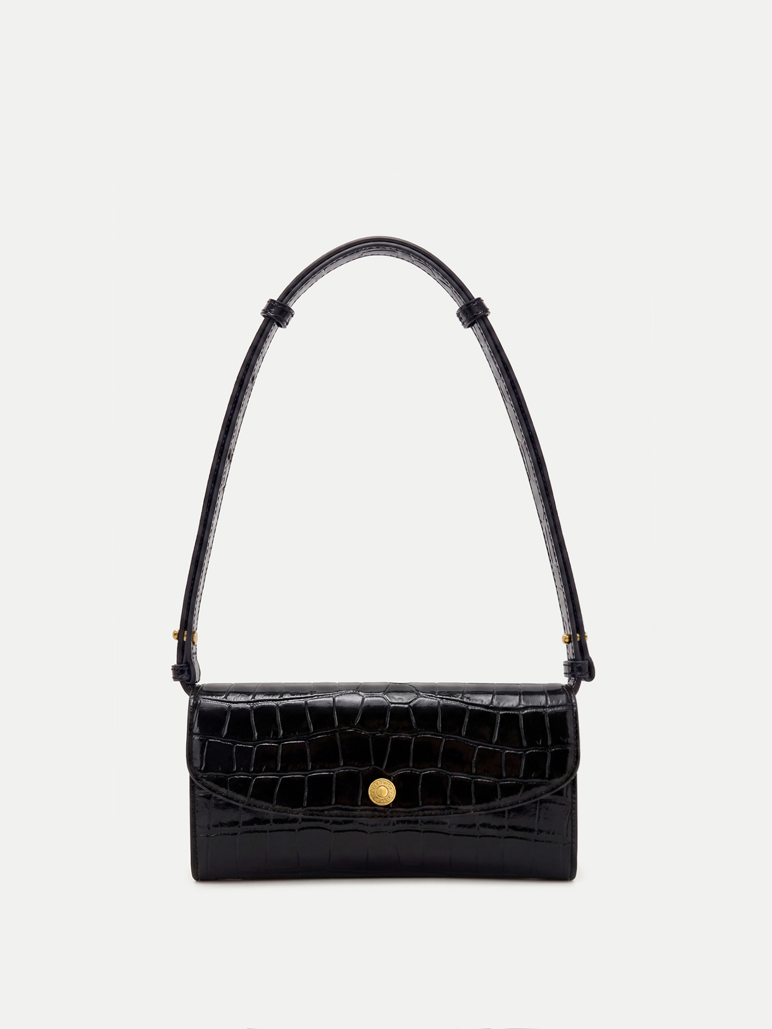 Veronica Beard Black crocodile embossed leather shoulder bag with gold clasp.
