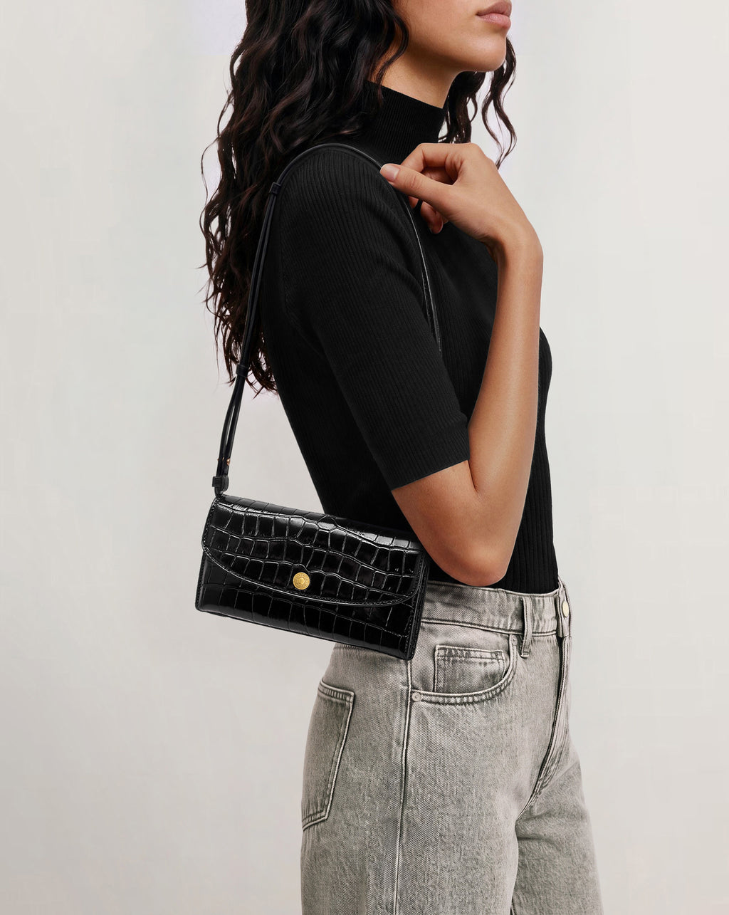 Veronica Beard Black crocodile-embossed leather shoulder bag with gold-tone hardware.