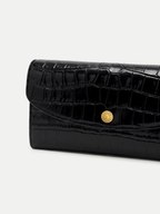 Veronica Beard Black crocodile-embossed leather wallet with gold snap closure.
