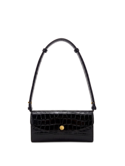 Veronica Beard Black crocodile-embossed leather shoulder bag with gold button closure.