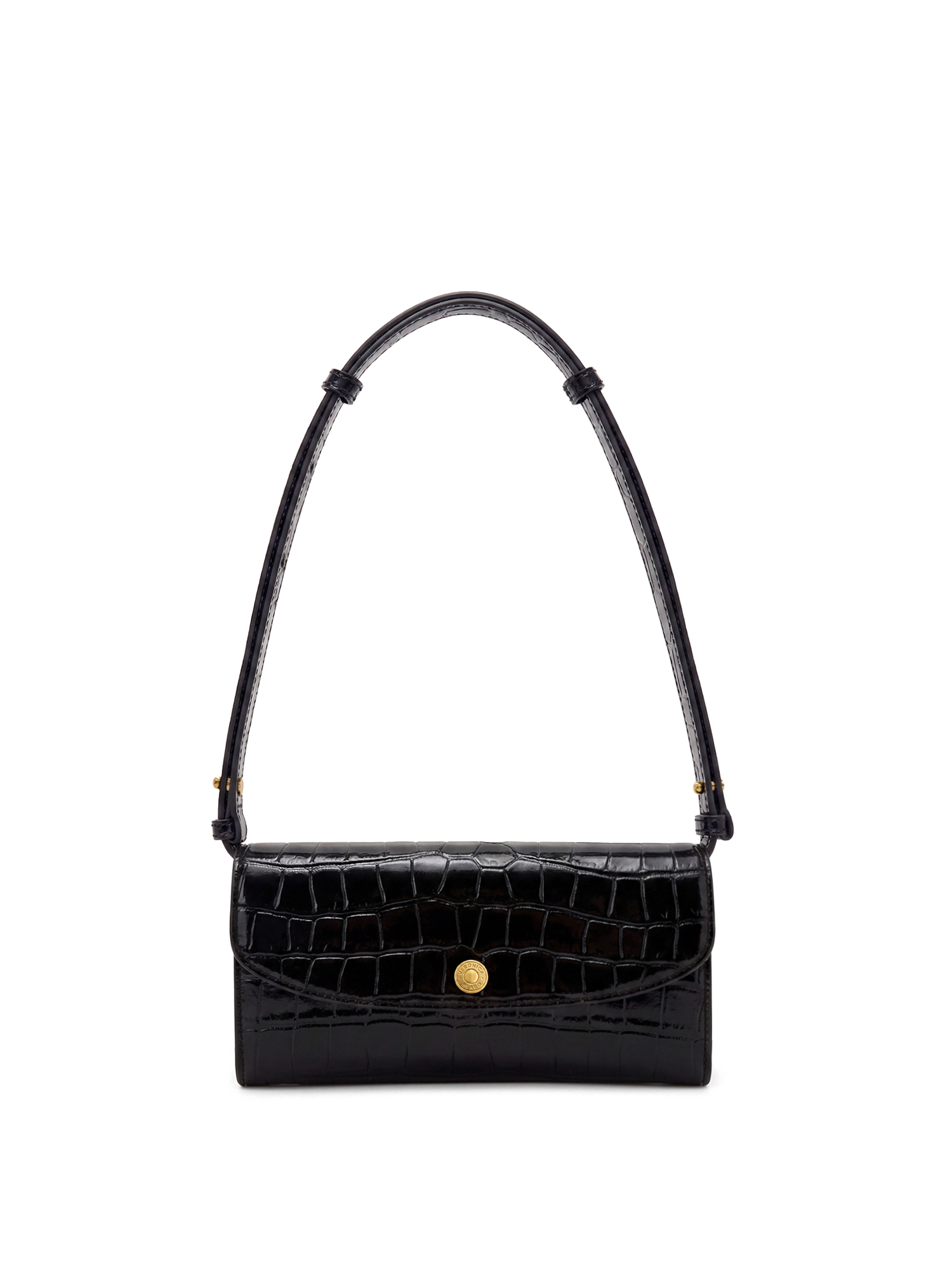 Veronica Beard Black crocodile-embossed leather shoulder bag with gold button closure.