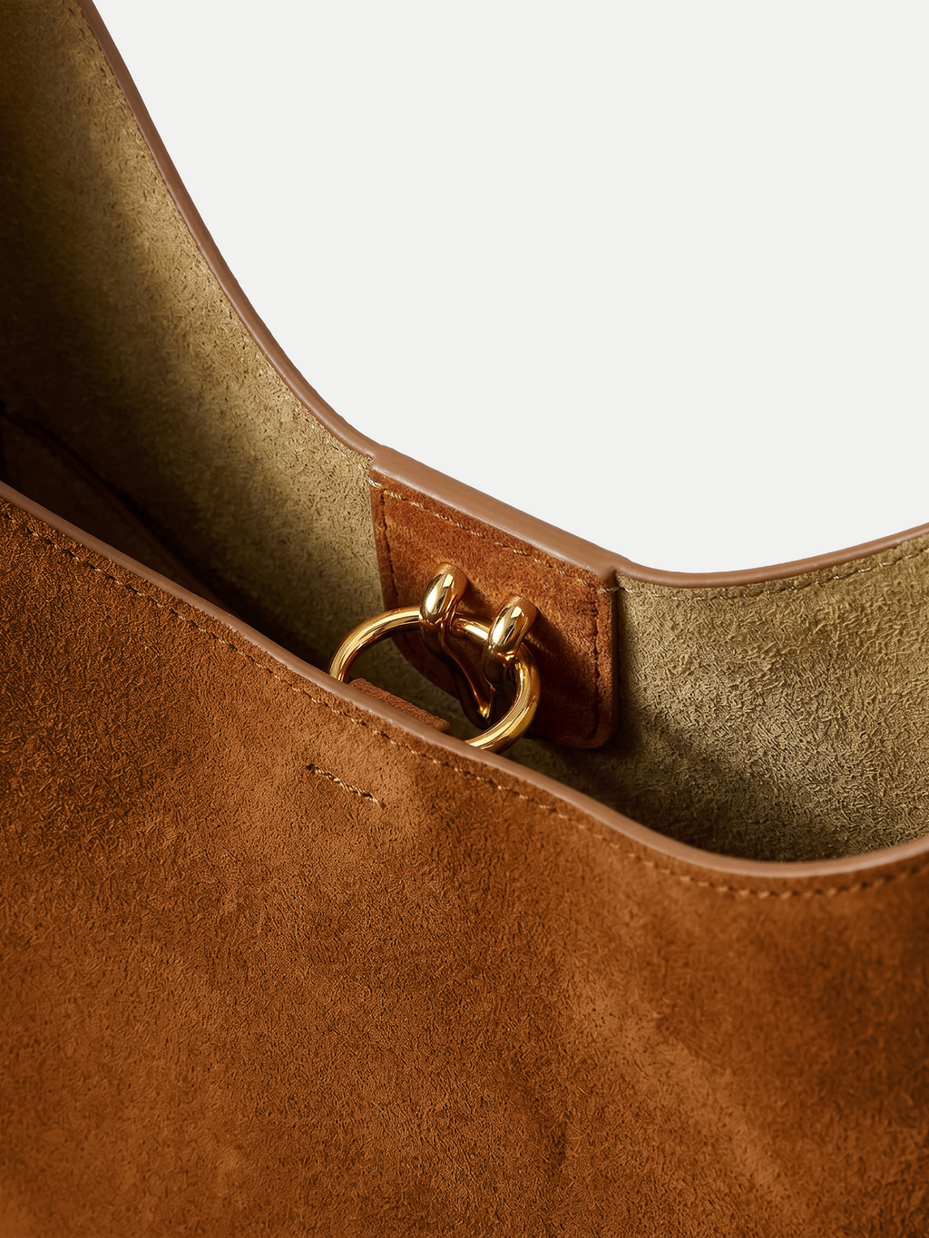Veronica Beard Brown suede shoulder bag with gold ring detail.
