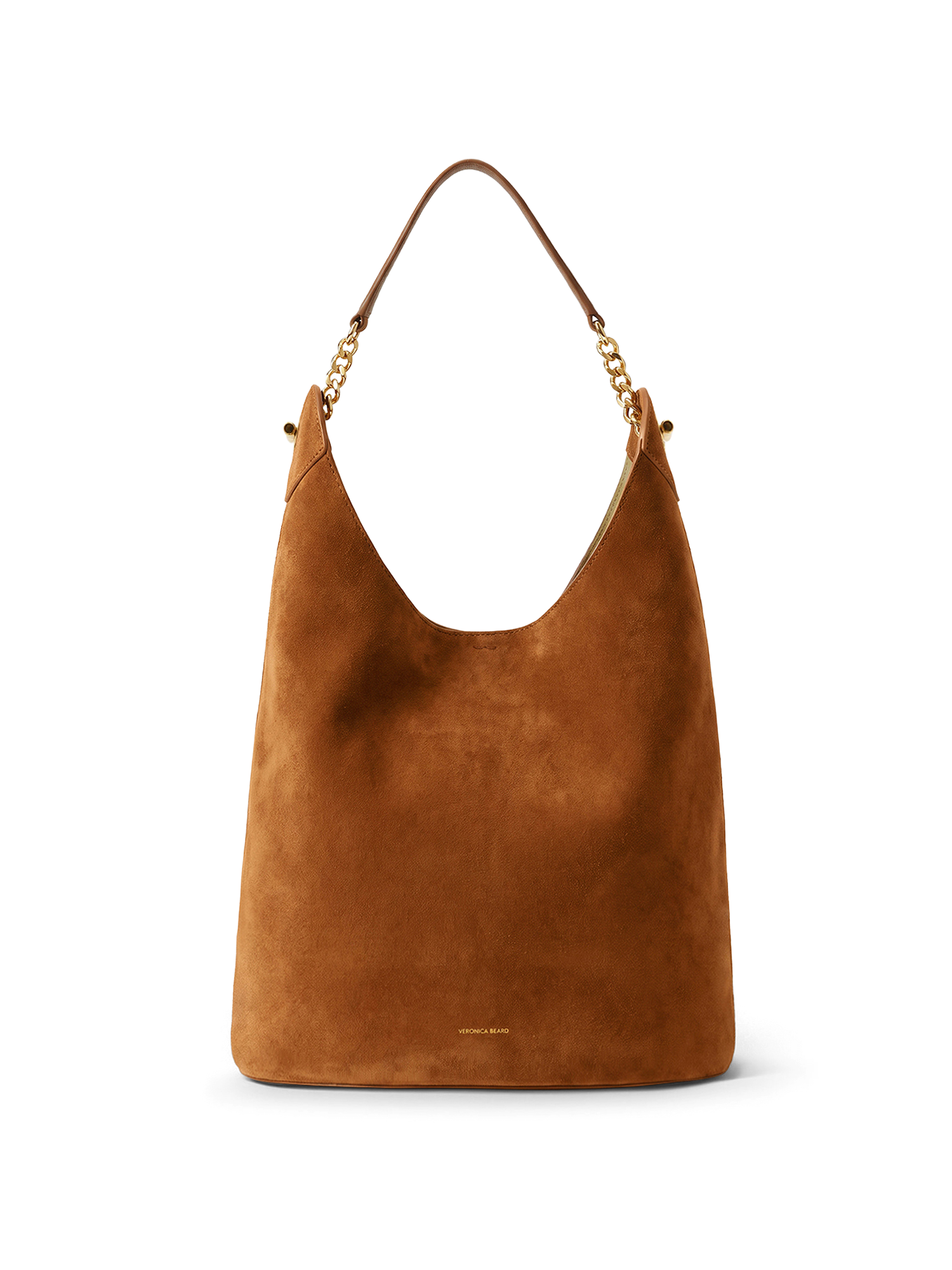 Veronica Beard Brown suede hobo bag with gold chain strap.