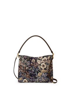 Veronica Beard Floral tapestry fabric shoulder bag with brown strap.
