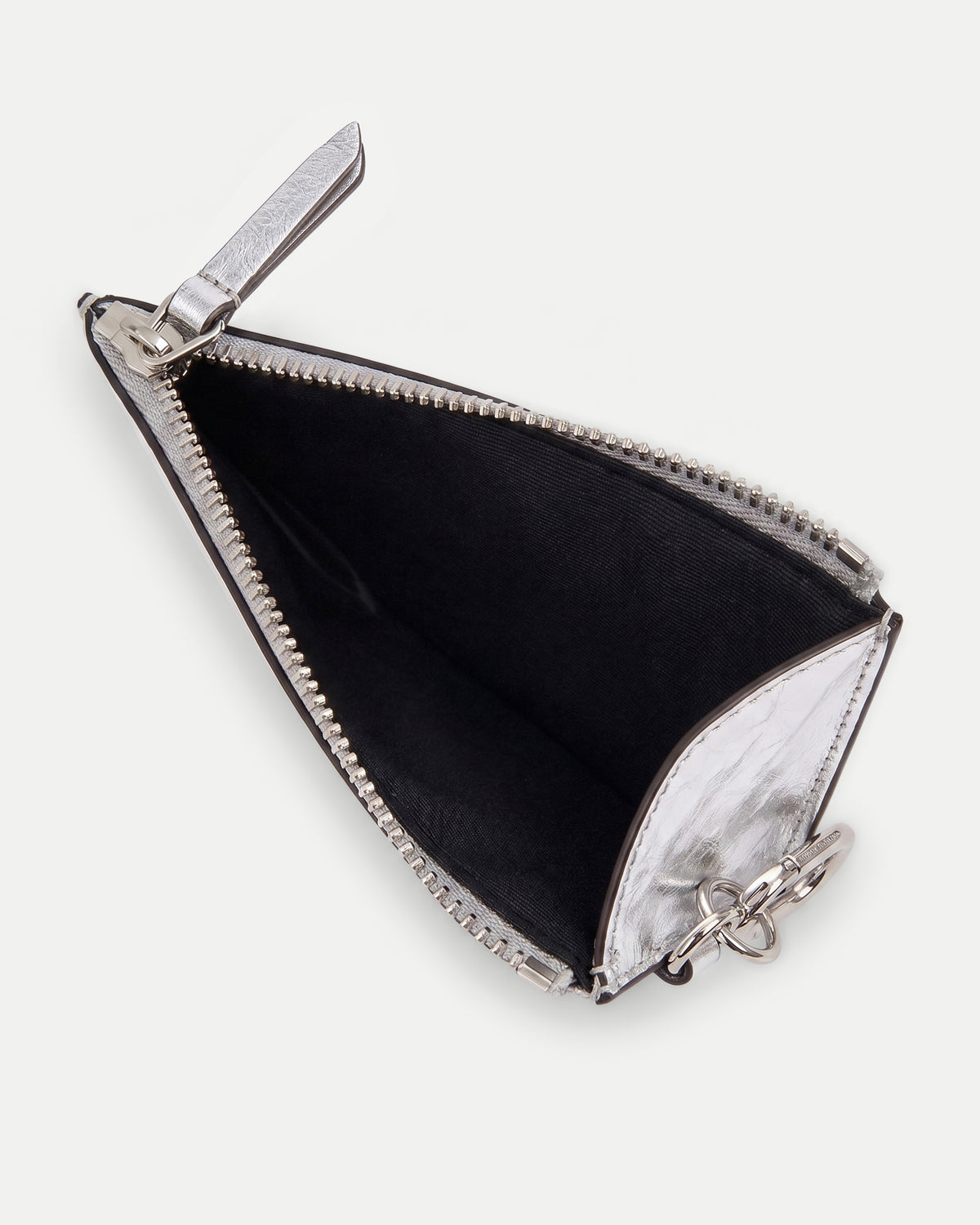 Veronica Beard Silver metallic triangular zippered coin purse interior.
