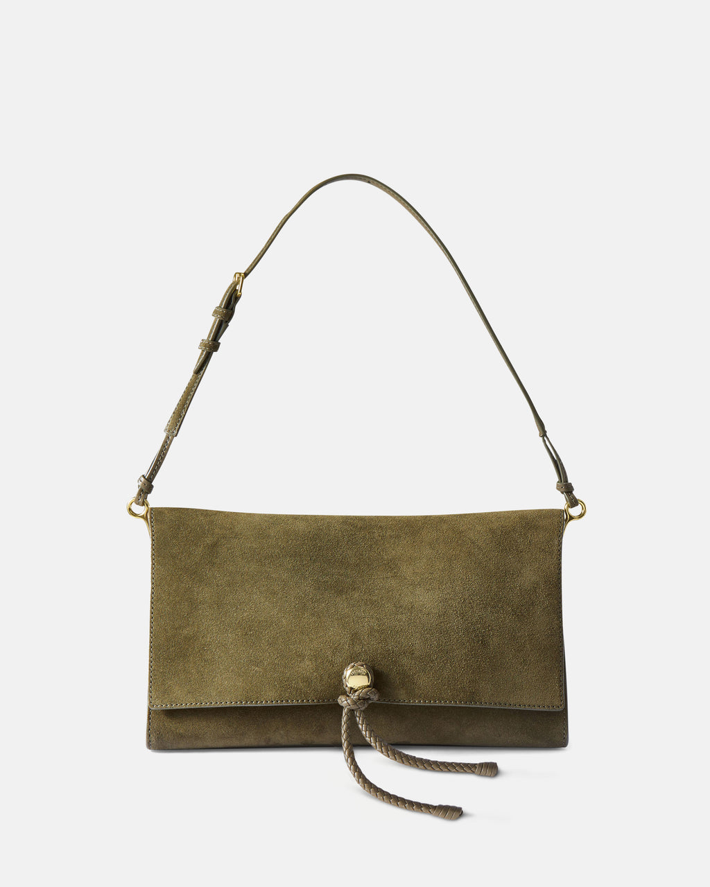 Veronica Beard Olive suede shoulder bag with gold hardware detail.
