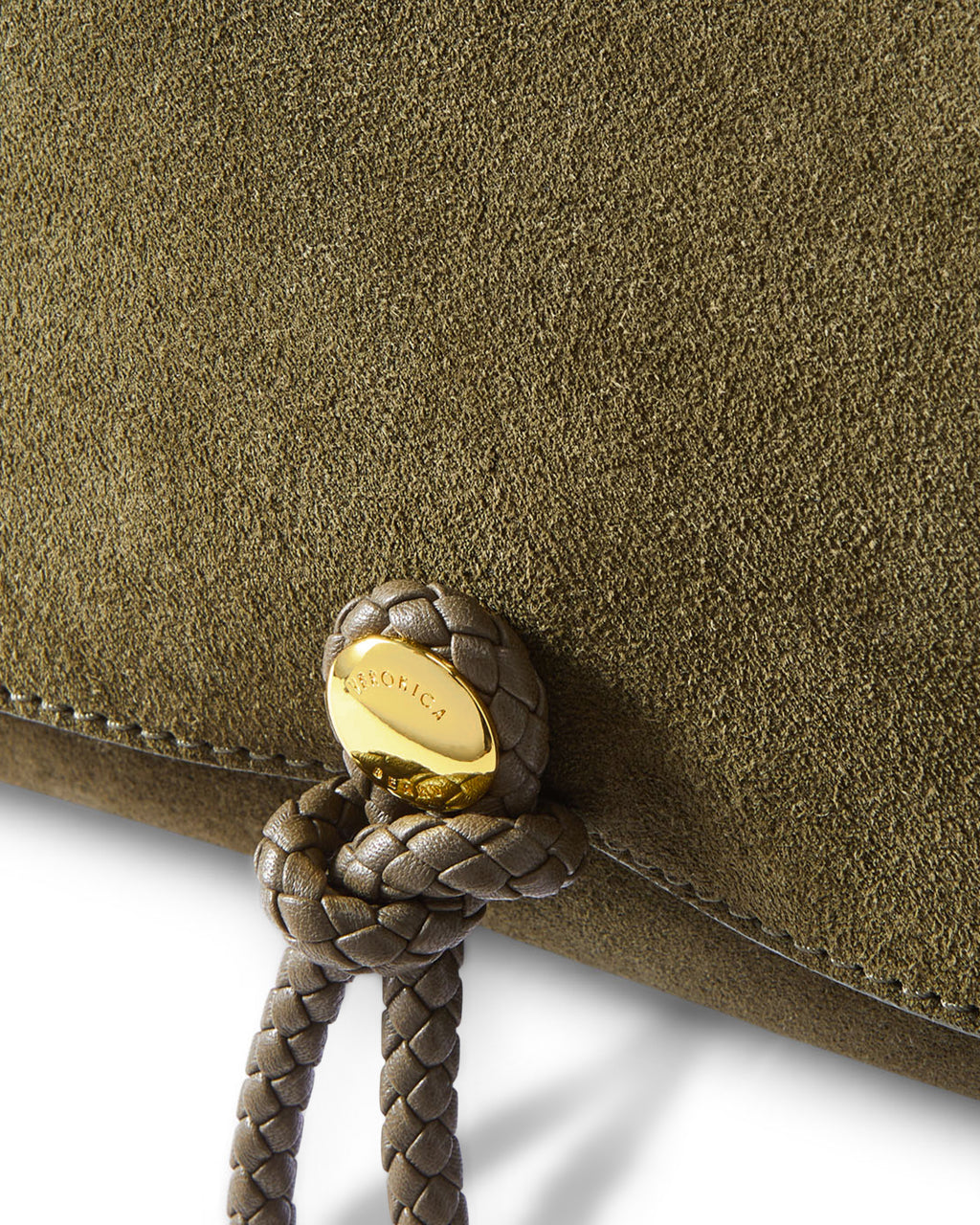 Veronica Beard Olive green suede bag with braided closure.