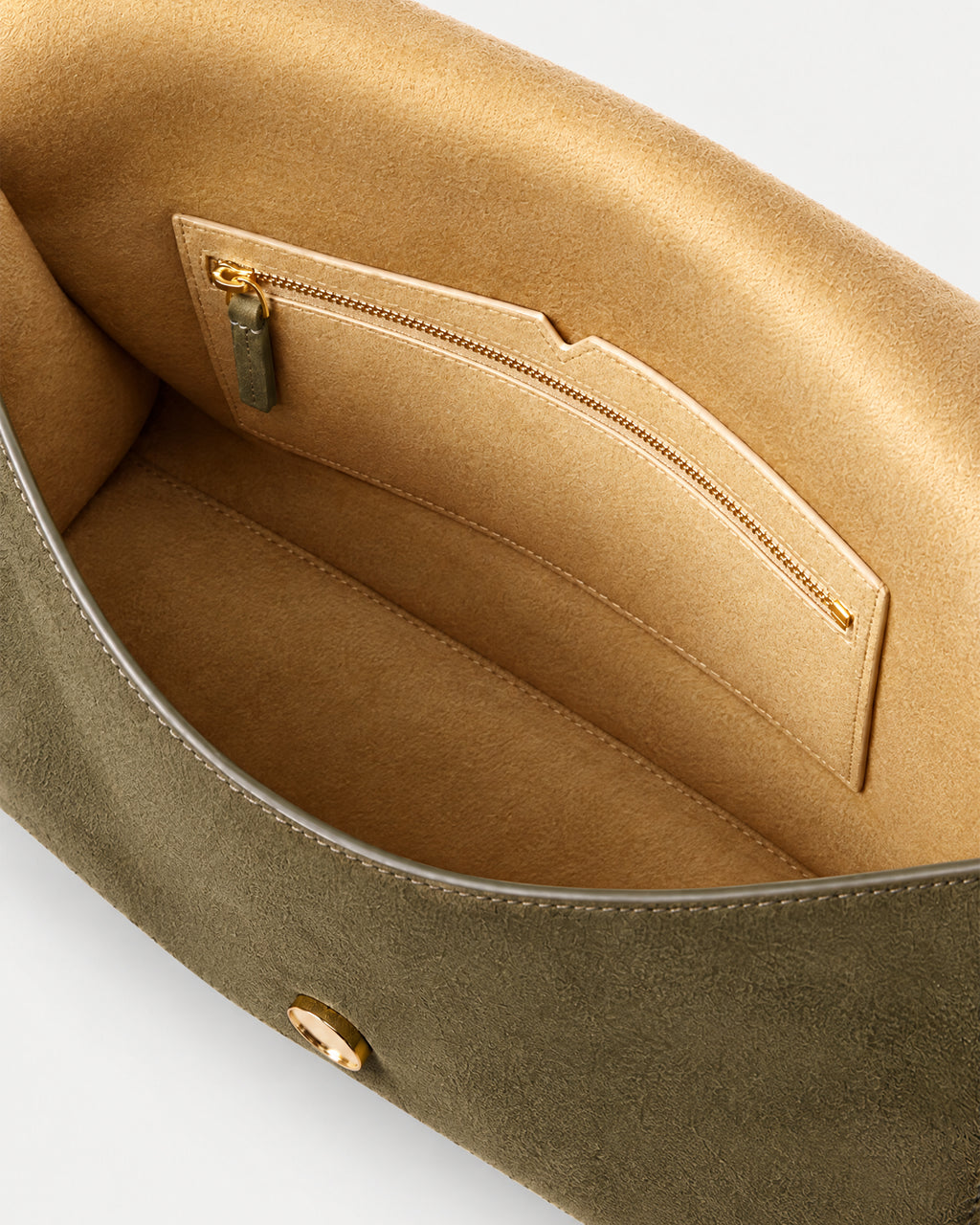 Veronica Beard Olive green suede handbag with tan interior.