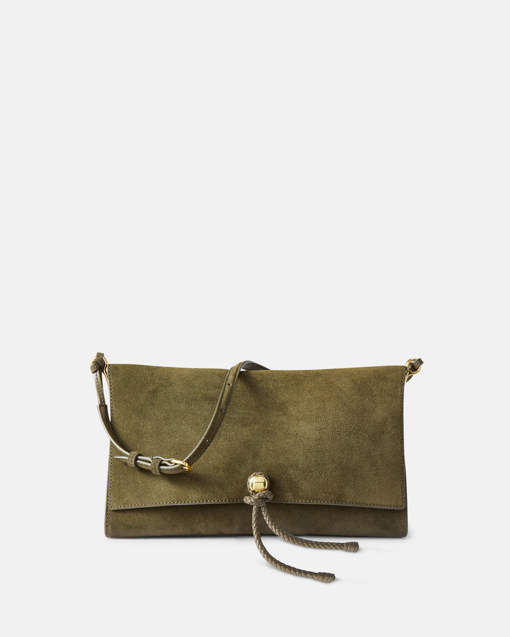 Veronica Beard Olive green suede handbag with gold hardware.