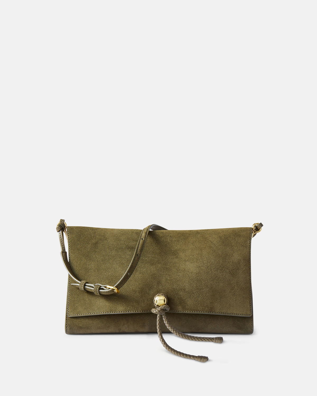 Veronica Beard Olive green suede handbag with gold hardware.