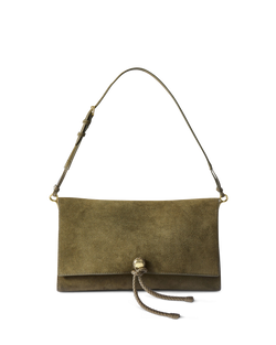 Veronica Beard Olive suede shoulder bag with gold hardware detail.
