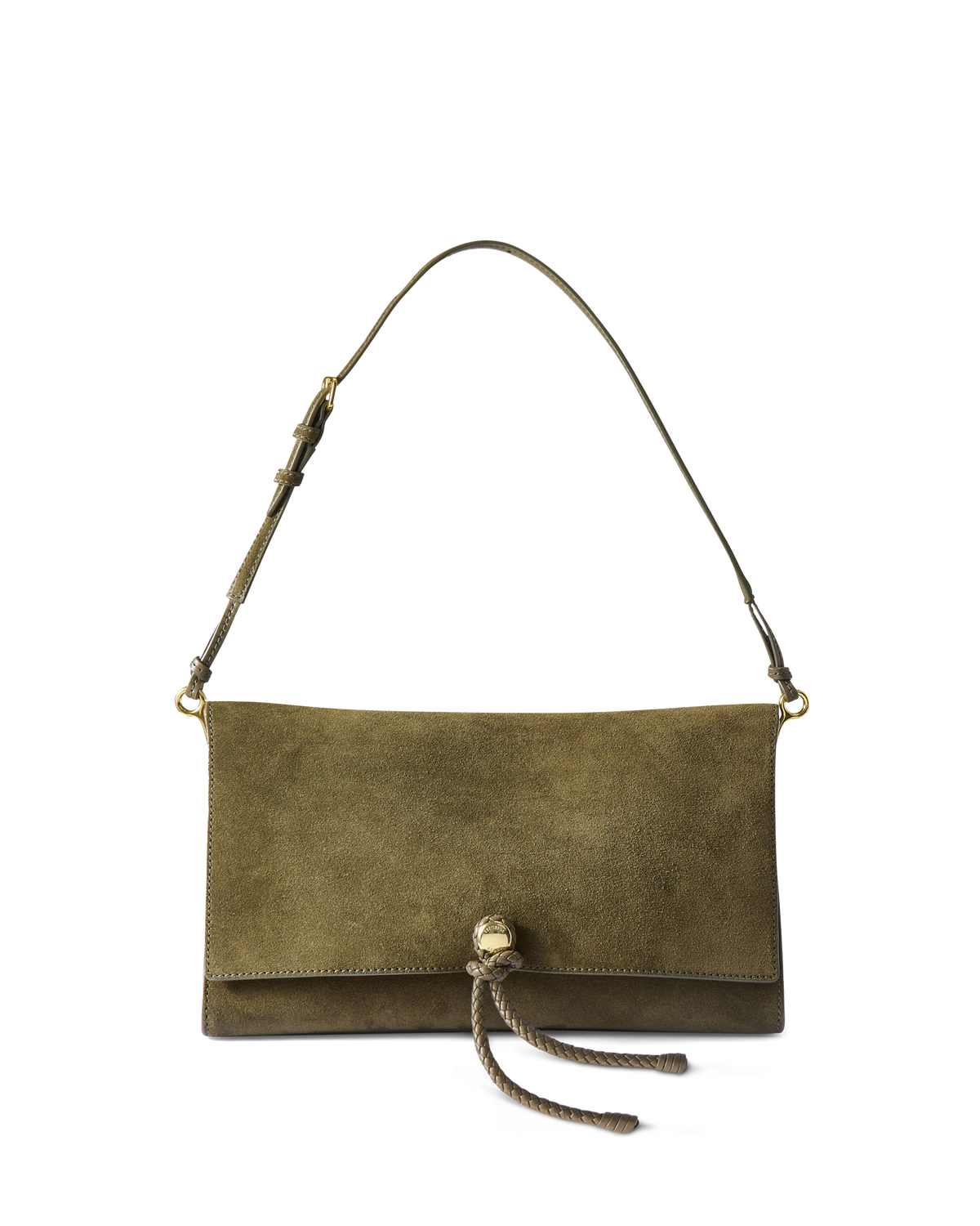 Veronica Beard Olive suede shoulder bag with gold hardware detail.