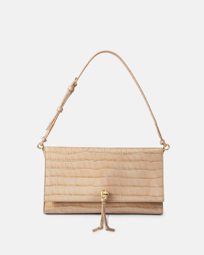 Veronica Beard Beige embossed leather shoulder bag with gold hardware.