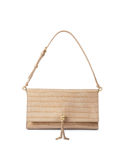 Veronica Beard Beige crocodile-embossed leather shoulder bag with gold hardware.